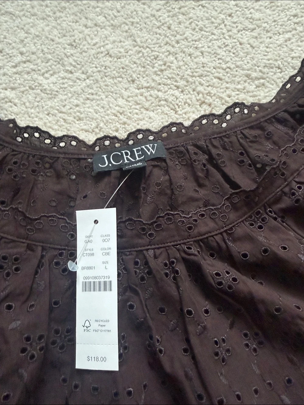 J. Crew Chocolate Brown Eyelet Short Sleeve Top